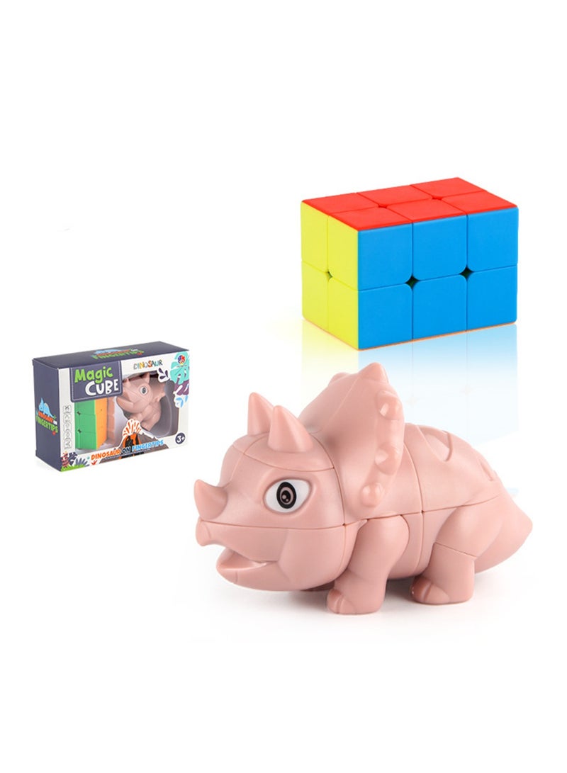 Children's Science And Education Educational Animal Second-Order Rubik's Cube Toy Dinosaur Rubik's Cube 2 in 1 Set Smooth Rotation (Triceratops flesh color + second order Rubik's Cube) - Image 1